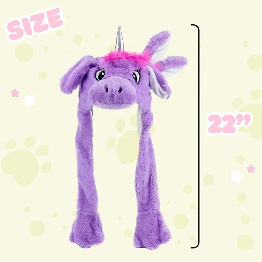 Kids Unicorn pueple Animal Hat with Ears Moving Jumping Pop Up Beating Plush